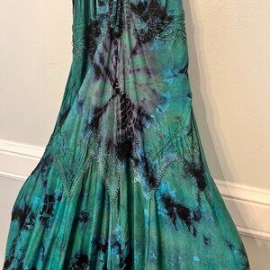Women's Tie Dye Embroidered Adjustable Spaghetti Straps Long Dress